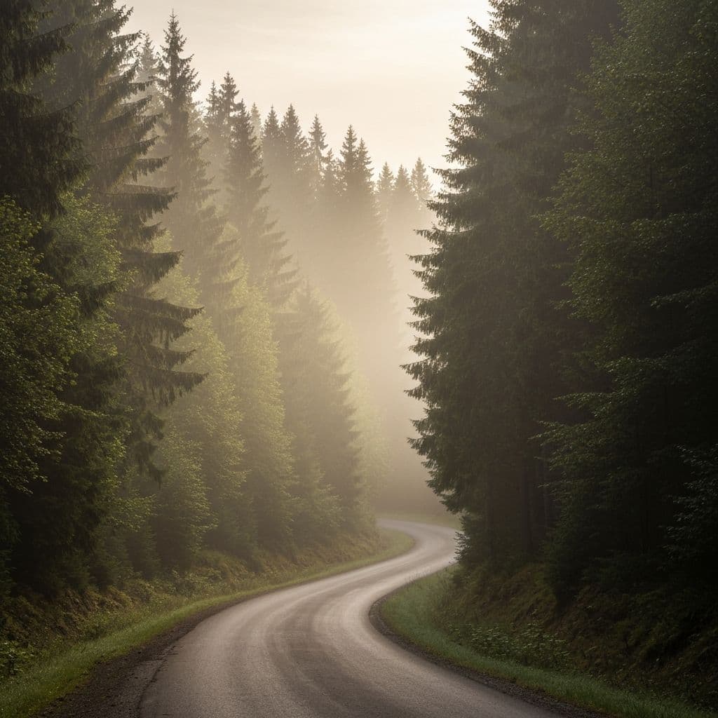 Winding forest road with tall trees