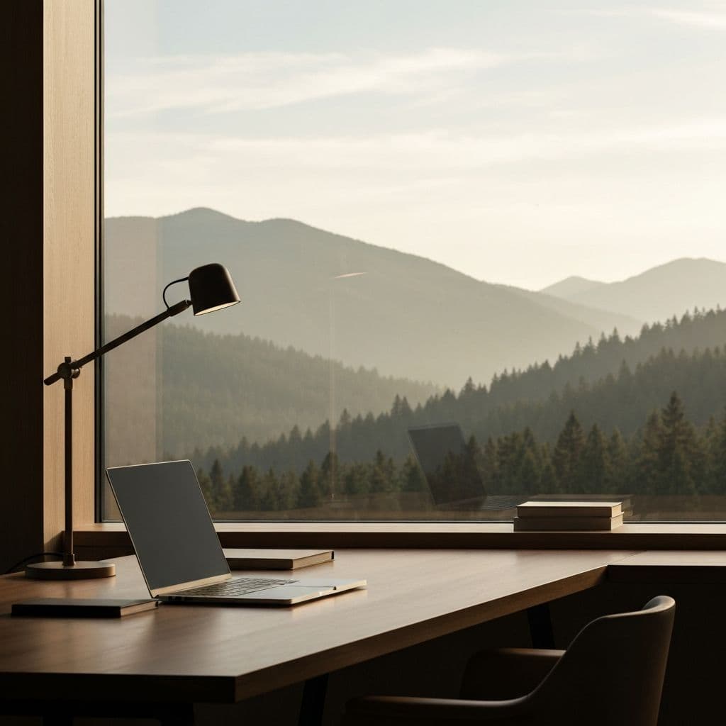 Modern workspace with laptop overlooking mountains