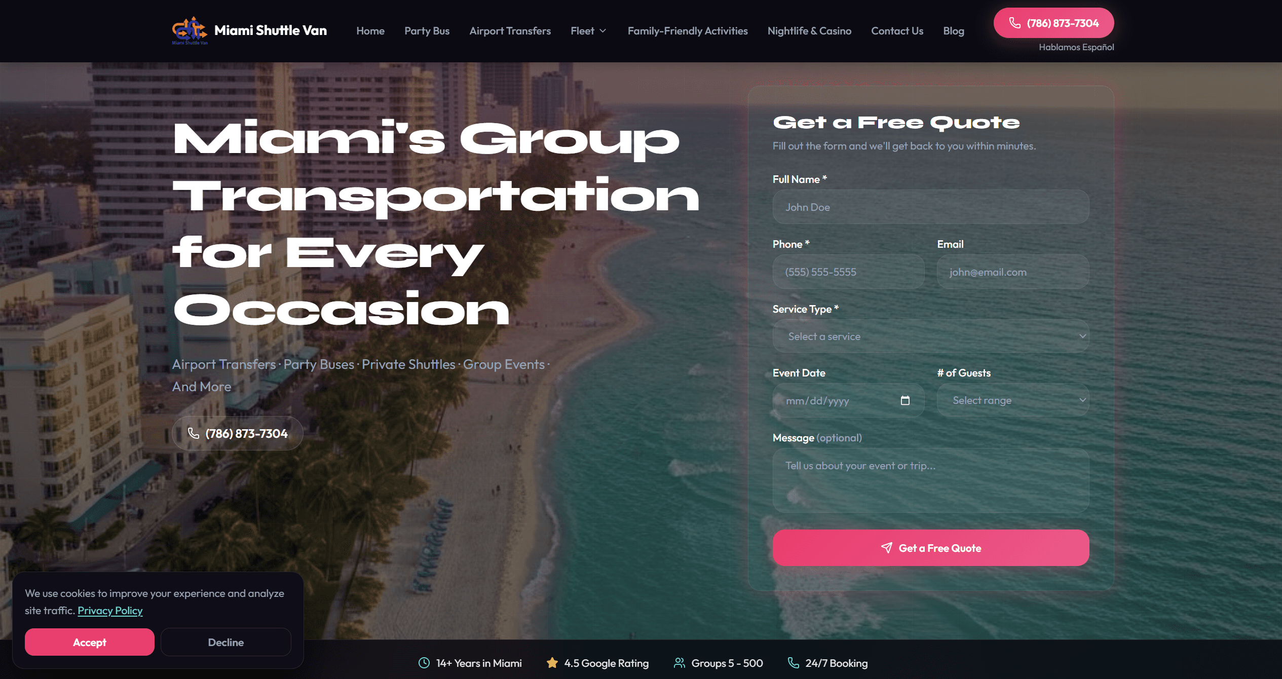 Miami Shuttle Van website screenshot